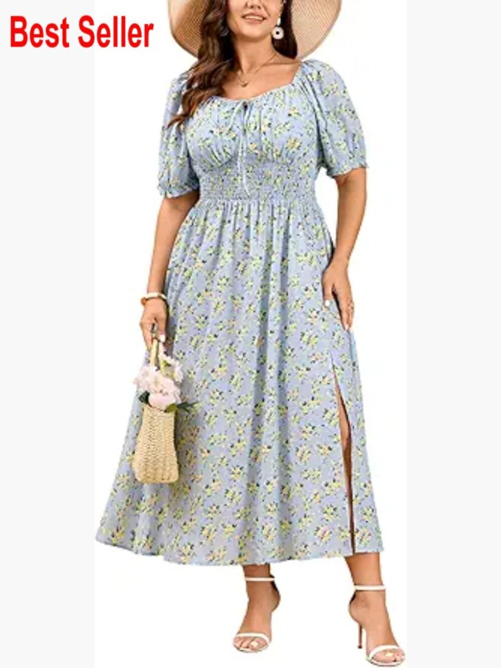 Plus Size Summer Milkmaid Dress Square Neck Tie Front A-Line Boho